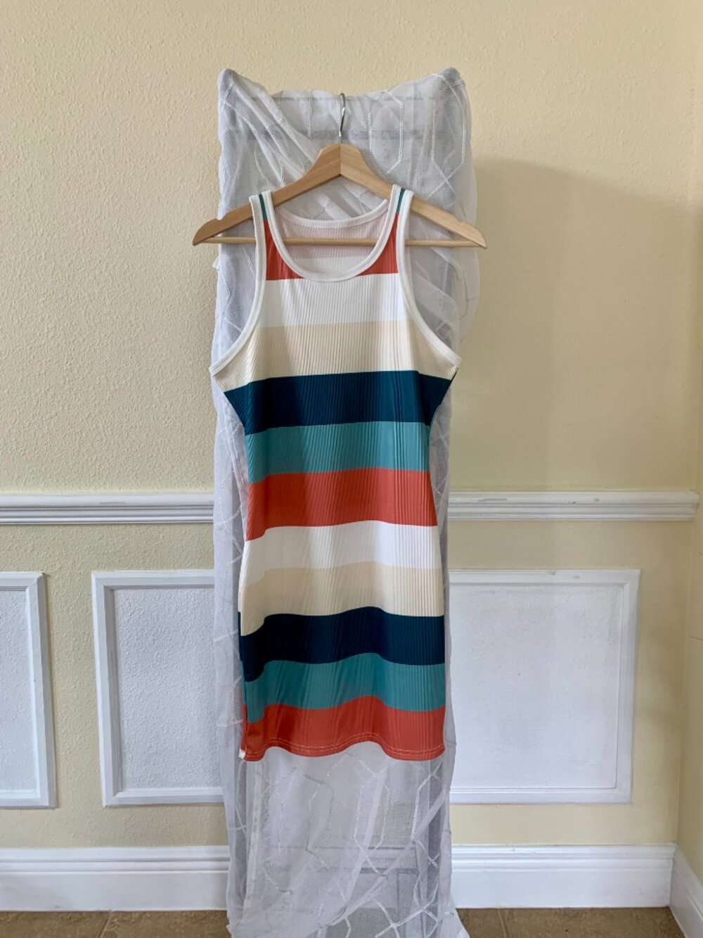 Earthy Tone Retro Striped Ribbed Bodycon Sleeveless Tank Style Mini Dress - Picture 3 of 6